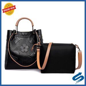 Large Faux Leather Floral Top Handle Shoulder Bag Tote Hobo 3-in-1